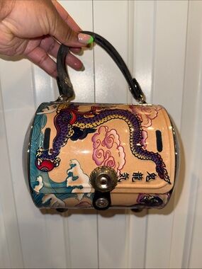 Little Earth Dragon-Print Mini Barrel Bag in Peach, Teal, Purple